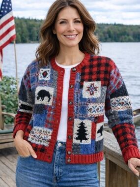 ROBERT SCOTT LTD Hand-Knitted Patchwork Americana Cardigan Sweater Size Small